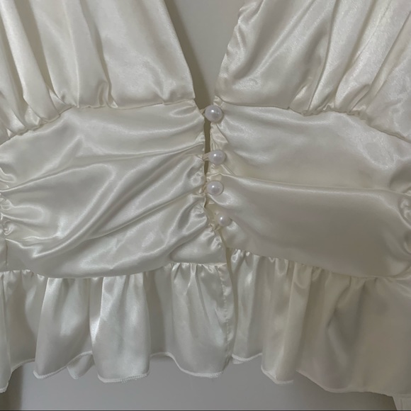 White Satin Ruched Button Waist Blouse - Picture 6 of 11